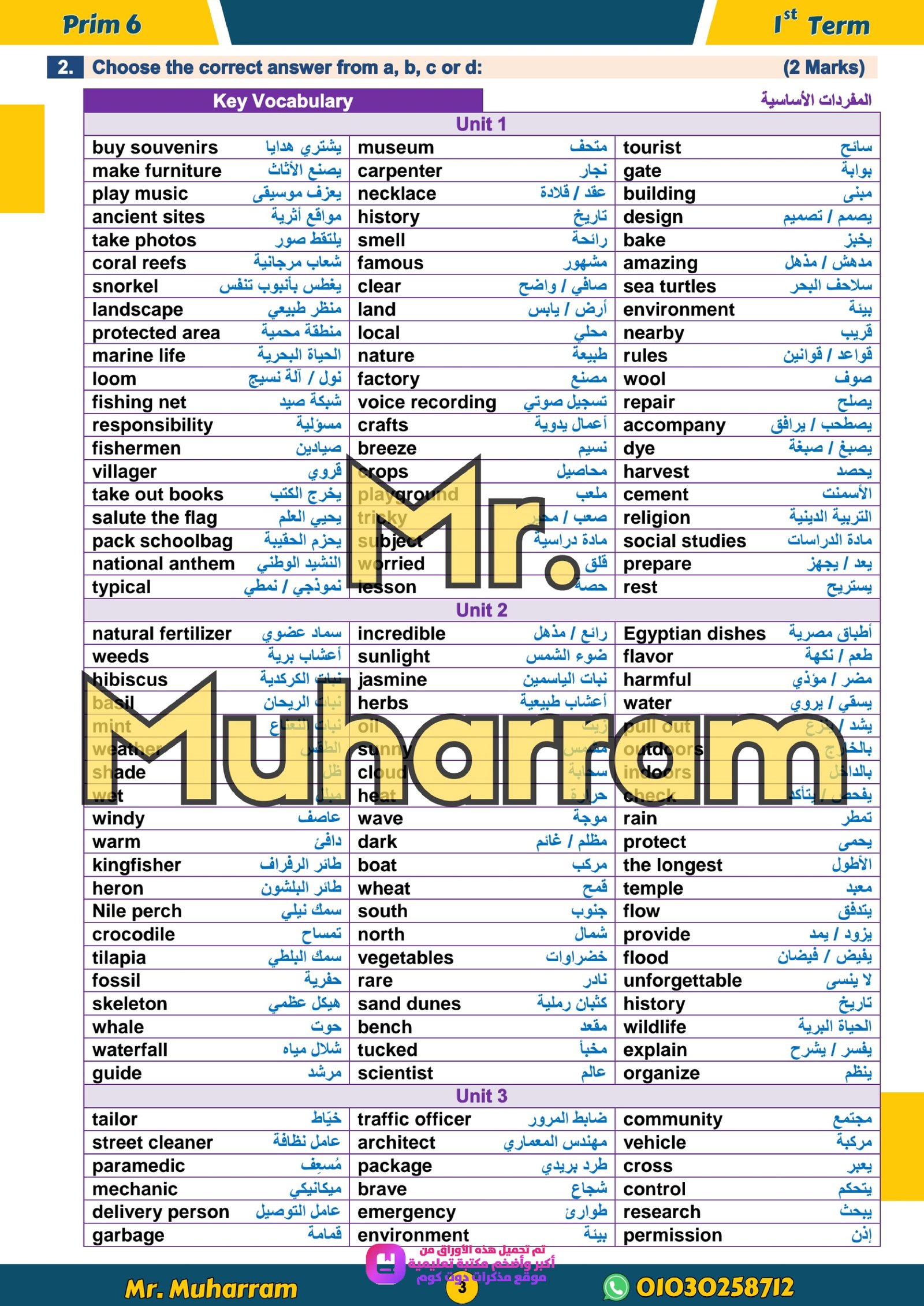 مراجعة شهر اكتوبر في اللغة الانجليزية للصف السادس الابتدائي الترم الاول 2027 pdf اعداد مستر/محرم علي - معاينة الصفحة 3